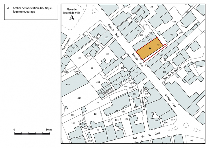 Plan-masse et de situation. Extrait du plan cadastral, 2018, section AA, 1/1 000. © Bertrand Turina / Région Bourgogne-Franche-Comté, Inventaire du patrimoine - 2018