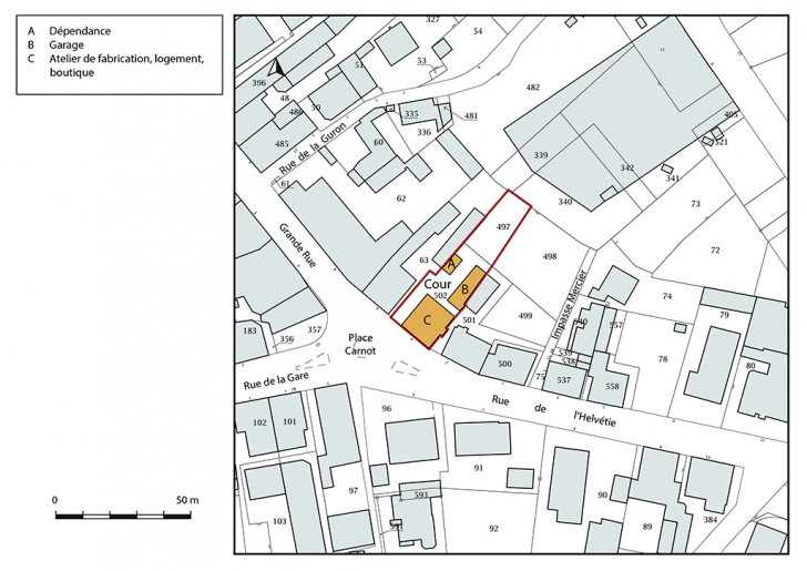 Plan-masse et de situation. Extrait du plan cadastral, 2018, section AA, 1/1 000. © Bertrand Turina / Région Bourgogne-Franche-Comté, Inventaire du patrimoine - 2018