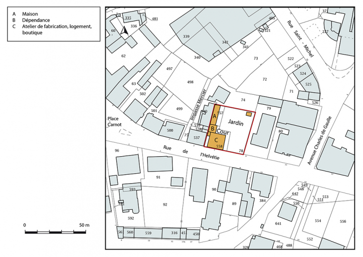 Plan-masse et de situation. Extrait du plan cadastral, 2018, section AA, 1/1 000. © Bertrand Turina / Région Bourgogne-Franche-Comté, Inventaire du patrimoine - 2018