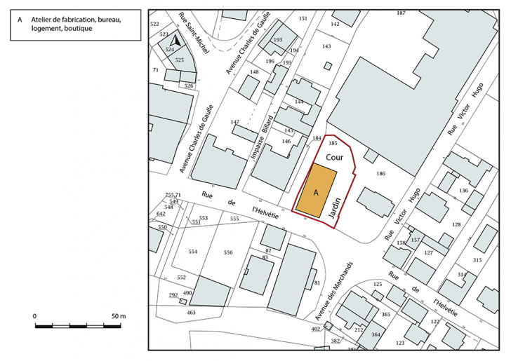 Plan-masse et de situation. Extrait du plan cadastral, 2018, section AF, 1/1 000. © Bertrand Turina / Région Bourgogne-Franche-Comté, Inventaire du patrimoine - 2018