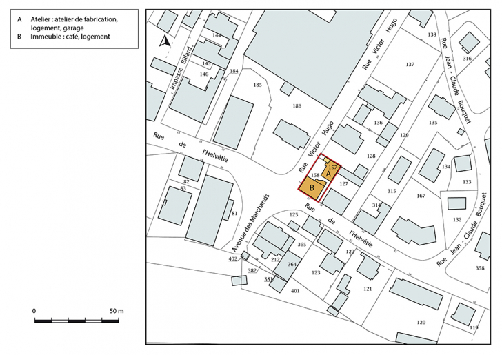 Plan-masse et de situation. Extrait du plan cadastral, 2018, section AF, 1/1 000. © Bertrand Turina / Région Bourgogne-Franche-Comté, Inventaire du patrimoine - 2018