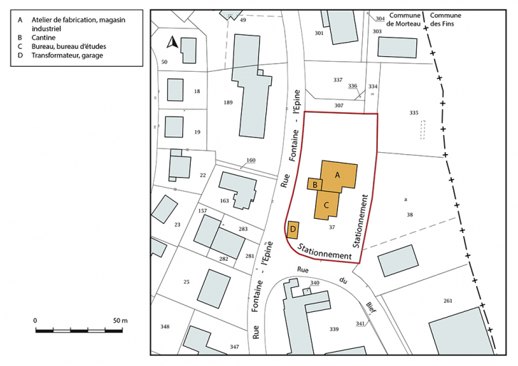 Plan-masse et de situation. Extrait du plan cadastral, 2018, section AE, 1/1 000. © Bertrand Turina / Région Bourgogne-Franche-Comté, Inventaire du patrimoine - 2018 Plan-masse et de situation. Extrait du plan cadastral, 2018, section AE, 1/1 000. © Bertrand Turina / Région Bourgogne-Franche-Comté, Inventaire du patrimoine - 2018