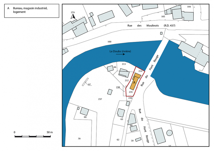 Plan-masse et de situation. Extrait du plan cadastral, 2018, section AI, 1/2 000 agrandi à 1/1 000. © Bertrand Turina / Région Bourgogne-Franche-Comté, Inventaire du patrimoine - 2018