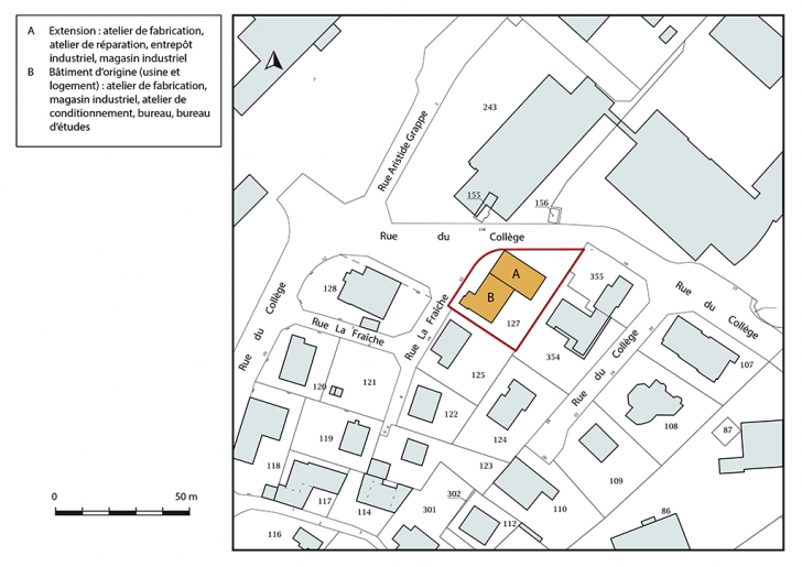 Plan-masse et de situation. Extrait du plan cadastral, 2018, section AE, 1/1 000. © Bertrand Turina / Région Bourgogne-Franche-Comté, Inventaire du patrimoine - 2018 Plan-masse et de situation. Extrait du plan cadastral, 2018, section AE, 1/1 000. © Bertrand Turina / Région Bourgogne-Franche-Comté, Inventaire du patrimoine - 2018