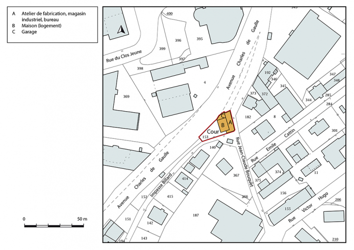 Plan-masse et de situation. Extrait du plan cadastral, 2018, section AF, 1/1 000. © Bertrand Turina / Région Bourgogne-Franche-Comté, Inventaire du patrimoine - 2018