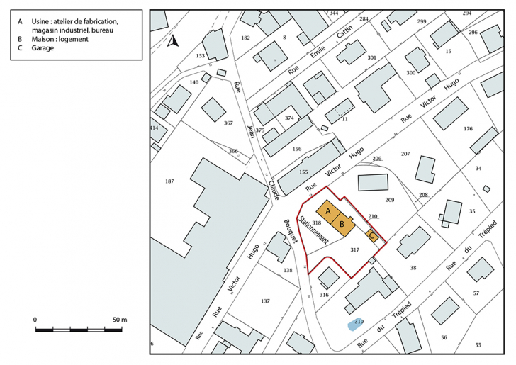 Plan-masse et de situation. Extrait du plan cadastral, 2018, section AF, 1/1 000. © Bertrand Turina / Région Bourgogne-Franche-Comté, Inventaire du patrimoine - 2018