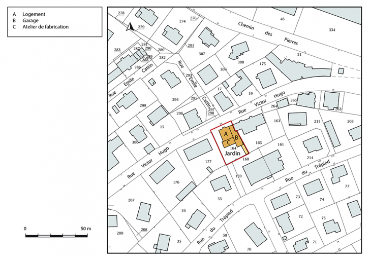 Plan-masse et de situation. Extrait du plan cadastral, 2018, section AF, 1/1 000. © Bertrand Turina / Région Bourgogne-Franche-Comté, Inventaire du patrimoine - 2018