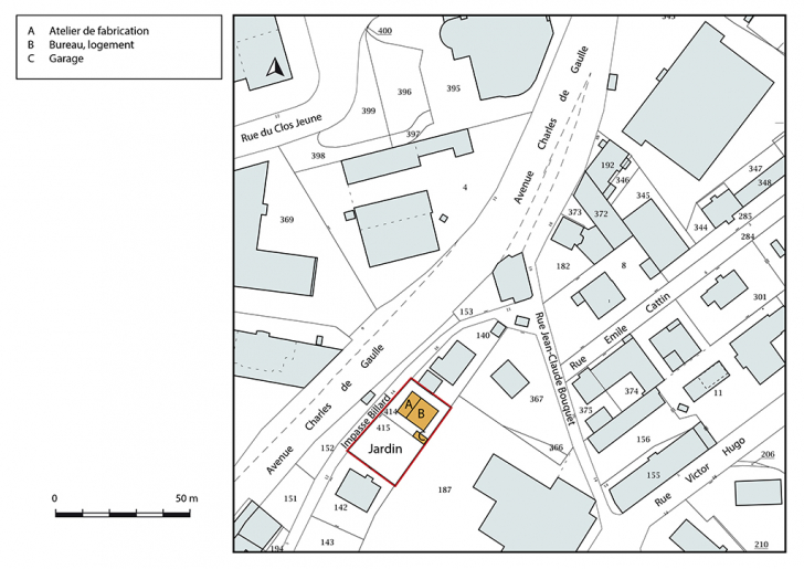 Plan-masse et de situation. Extrait du plan cadastral, 2018, section AF, 1/1 000. © Bertrand Turina / Région Bourgogne-Franche-Comté, Inventaire du patrimoine - 2018