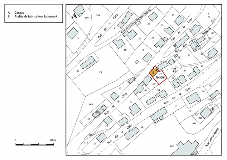 Plan-masse et de situation. Extrait du plan cadastral, 2018, section AB, 1/1 000. © Bertrand Turina / Région Bourgogne-Franche-Comté, Inventaire du patrimoine - 2018