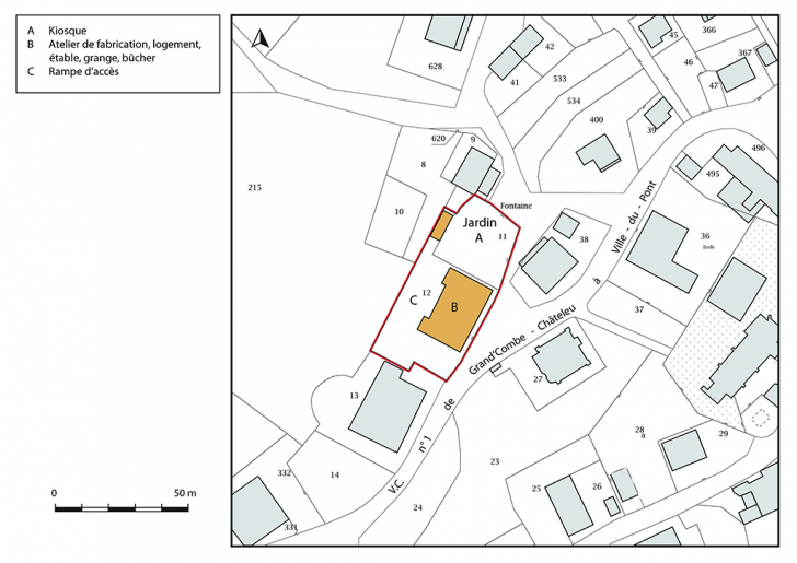 Plan-masse et de situation. Extrait du plan cadastral, 2017, section AB, 1/1 000. © Bertrand Turina / Région Bourgogne-Franche-Comté, Inventaire du patrimoine - 2018 Plan-masse et de situation. Extrait du plan cadastral, 2017, section AB, 1/1 000. © Bertrand Turina / Région Bourgogne-Franche-Comté, Inventaire du patrimoine - 2018