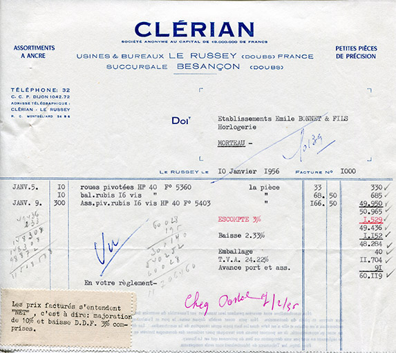 Papier à en-tête de la société Clérian, 10 janvier 1956. © Laurent Poupard / Région Bourgogne-Franche-Comté, Inventaire du patrimoine - 2018