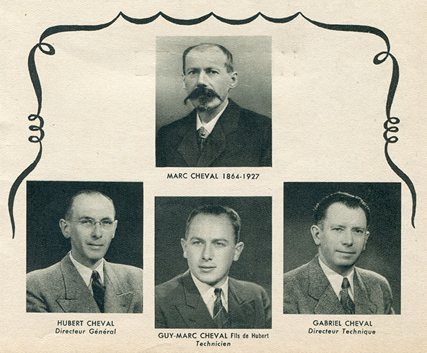 C.F. [Cheval Frères]. 4 générations et 102 ans de probité commerciale [détail : portraits des dirigeants], 1950 © Laurent Poupard / Région Bourgogne-Franche-Comté, Inventaire du patrimoine - 2018