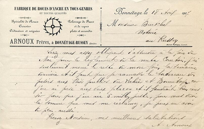 Papier à en-tête de la société Arnoux Frères, 18 avril 1907. © Laurent Poupard / Région Bourgogne-Franche-Comté, Inventaire du patrimoine - 2018