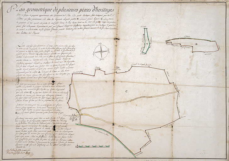 Plan géométrique de plusieurs pièces d'héritage, 1761. © Jérôme Mongreville / Région Bourgogne-Franche-Comté, Inventaire du patrimoine - 2018