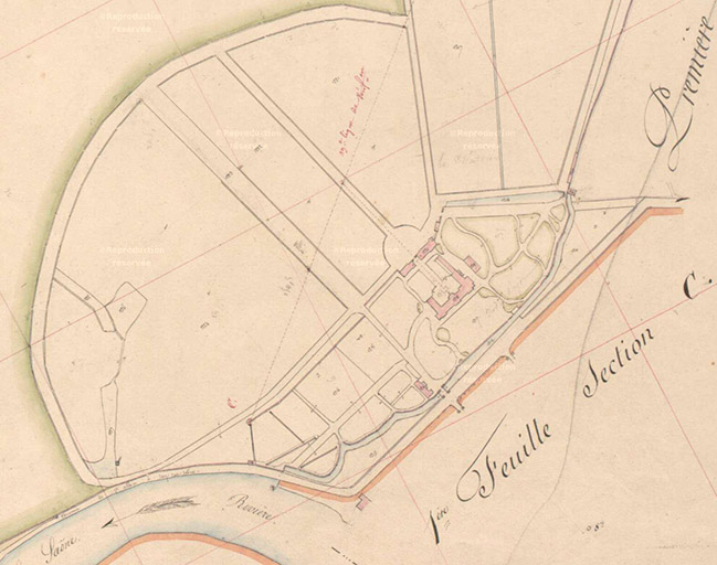 Plan du site sur l'Atlas parcellaire (1836) du cadastre de la commune de Scey-sur-Saône-et-Saint-Albin. © Fabien Dufoulon / Archives départementales de la Haute-Saône - 2018 Plan du site sur l'Atlas parcellaire (1836) du cadastre de la commune de Scey-sur-Saône-et-Saint-Albin. © Fabien Dufoulon / Archives départementales de la Haute-Saône - 2018