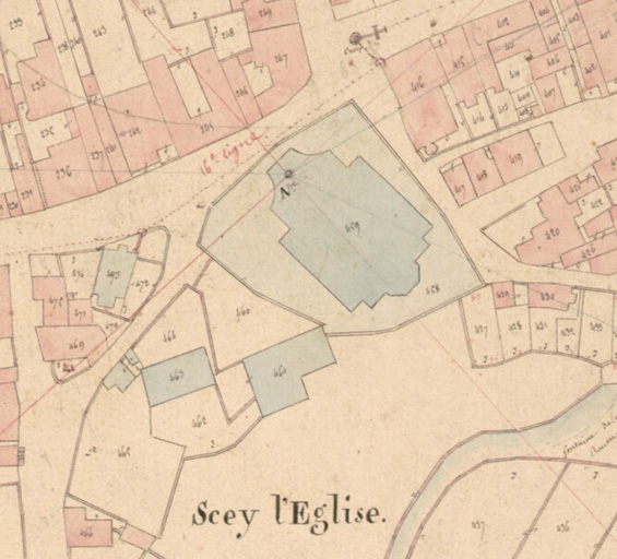 Extrait de l'Atlas parcellaire (1836) du cadastre de la commune de Scey-sur-Saône-et-Saint-Albin. © Guillaume Gézolme / Région Bourgogne-Franche-Comté, Inventaire du patrimoine - 2018 Extrait de l'Atlas parcellaire (1836) du cadastre de la commune de Scey-sur-Saône-et-Saint-Albin. © Guillaume Gézolme / Région Bourgogne-Franche-Comté, Inventaire du patrimoine - 2018