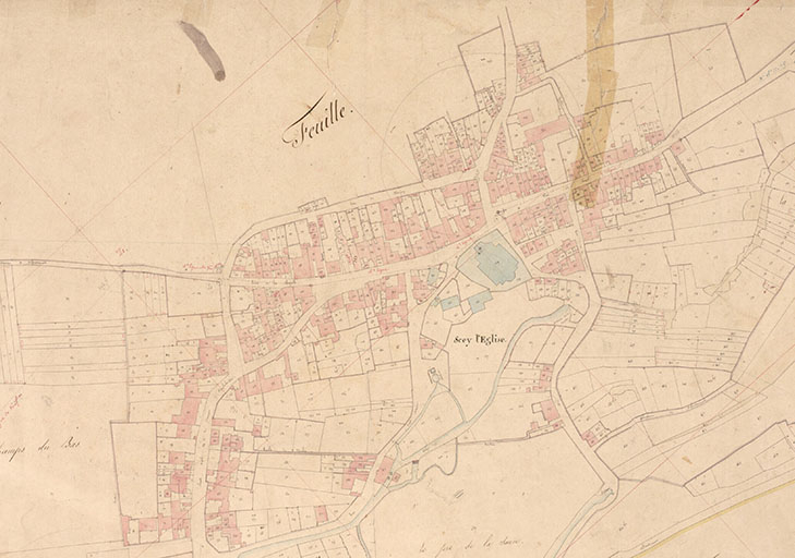 Extrait de l'Atlas parcellaire (1836) du cadastre de la commune de Scey-sur-Saône-et-Saint-Albin. © Guillaume Gézolme / Région Bourgogne-Franche-Comté, Inventaire du patrimoine - 2018 Extrait de l'Atlas parcellaire (1836) du cadastre de la commune de Scey-sur-Saône-et-Saint-Albin. © Guillaume Gézolme / Région Bourgogne-Franche-Comté, Inventaire du patrimoine - 2018