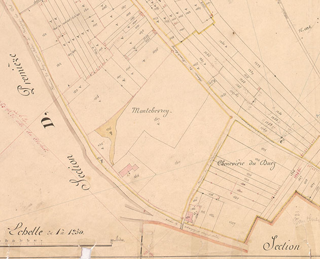 Extrait de l'Atlas parcellaire (1836) du cadastre de la commune de Scey-sur-Saône-et-Saint-Albin. 	 © Guillaume Gézolme / Région Bourgogne-Franche-Comté, Inventaire du patrimoine - 2018 Extrait de l'Atlas parcellaire (1836) du cadastre de la commune de Scey-sur-Saône-et-Saint-Albin. 	 © Guillaume Gézolme / Région Bourgogne-Franche-Comté, Inventaire du patrimoine - 2018