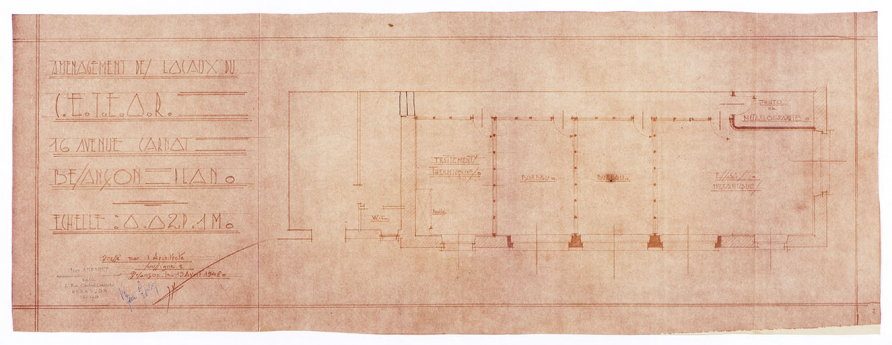Plan d'aménagement des locaux du C.E.T.E.O.R, 19 avril 1948. © Sonia Dourlot / Région Bourgogne-Franche-Comté, Inventaire du patrimoine - 2019