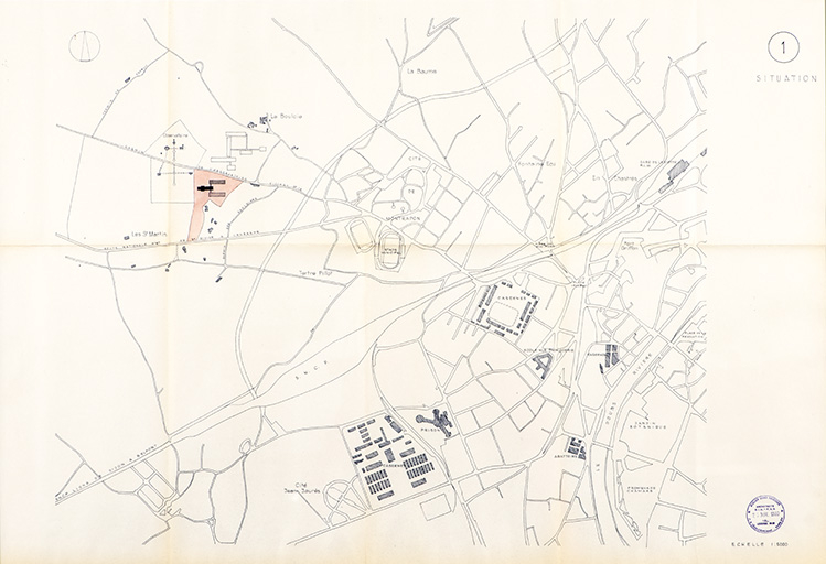 Cetehor. Avant-projet d’un institut de recherches à Besançon. 1. Situation, novembre 1957. © Sonia Dourlot / Région Bourgogne-Franche-Comté, Inventaire du patrimoine - 2019