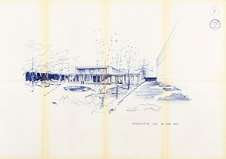 [Avant-projet Honegger avenue Fontaine-Argent]. 7. Perspective vue du sud-est, 16 septembre 1957. © Sonia Dourlot / Région Bourgogne-Franche-Comté, Inventaire du patrimoine - 2019