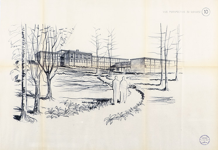 Cetehor. Avant-projet d’un institut de recherches à Besançon. 10. Vue perspective du sud-ouest, novembre 1957. © Sonia Dourlot / Région Bourgogne-Franche-Comté, Inventaire du patrimoine - 2019