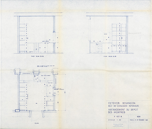 Cetehor Besançon. Rez-de-chaussée inférieur. 629. Aménagement du dépôt des montres, 27 novembre 1961. © Sonia Dourlot / Région Bourgogne-Franche-Comté, Inventaire du patrimoine - 2019