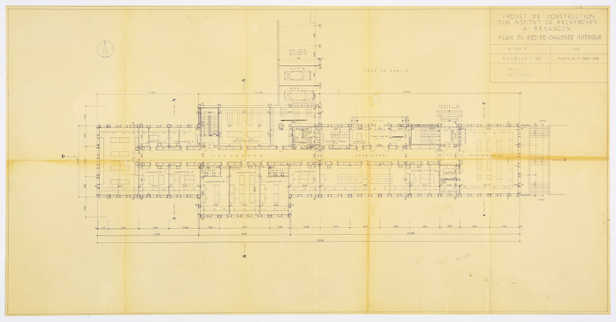 Projet de construction d’un institut de recherches à Besançon. 105. Plan du rez-de-chaussée inférieur, 11 janvier 1958. © Sonia Dourlot / Région Bourgogne-Franche-Comté, Inventaire du patrimoine - 2019