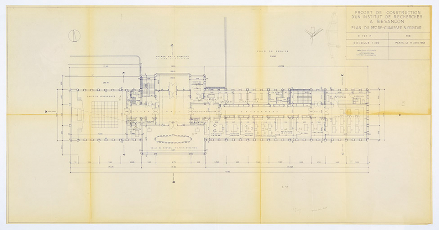 Projet de construction d’un institut de recherches à Besançon. 106. Plan du rez-de-chaussée supérieur, 11 janvier 1958. © Sonia Dourlot / Région Bourgogne-Franche-Comté, Inventaire du patrimoine - 2019