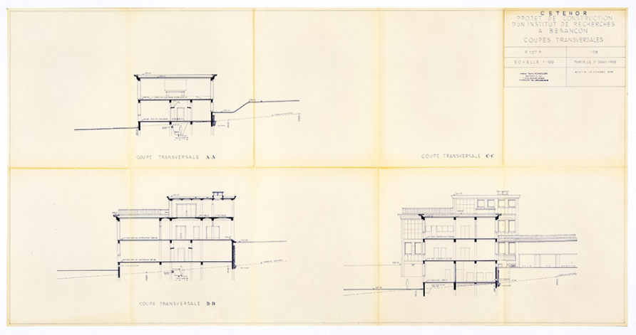 Projet de construction d’un institut de recherches à Besançon. 108. Coupes transversales, 11 janvier 1958 (modifié le 25 mars 1958). © Sonia Dourlot / Région Bourgogne-Franche-Comté, Inventaire du patrimoine - 2019
