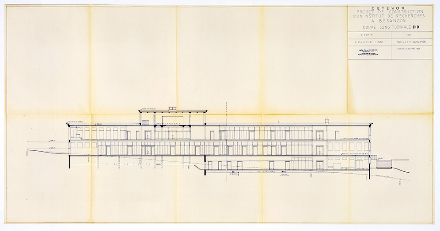 Projet de construction d’un institut de recherches à Besançon. 109. Coupe longitudinale D-D, 11 janvier 1958 (modifié le 25 mars 1958). © Sonia Dourlot / Région Bourgogne-Franche-Comté, Inventaire du patrimoine - 2019