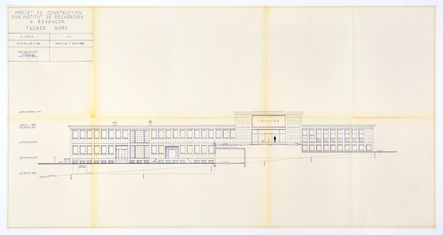 Projet de construction d’un institut de recherches à Besançon. 111. Façade nord, 11 janvier 1958. © Sonia Dourlot / Région Bourgogne-Franche-Comté, Inventaire du patrimoine - 2019