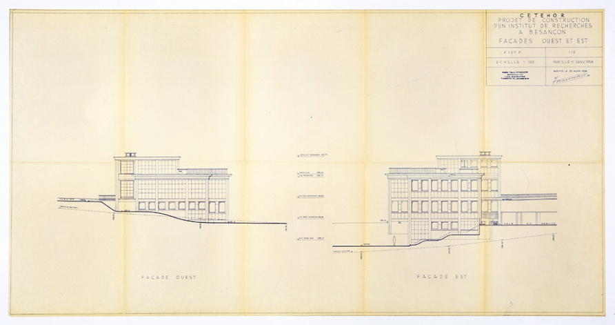 Projet de construction d’un institut de recherches à Besançon. 112. Façades ouest et est, 11 janvier 1958 (modifié le 25 mars 1958). © Sonia Dourlot / Région Bourgogne-Franche-Comté, Inventaire du patrimoine - 2019