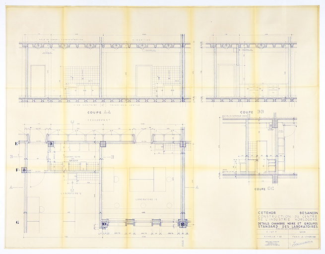 Cetehor Besançon. Construction du centre de l’industrie horlogère. 2008. Détails chambre noire et groupes standard des laboratoires. Rez-de-ch. inférieur, 14 mars 1958. © Sonia Dourlot / Région Bourgogne-Franche-Comté, Inventaire du patrimoine - 2019