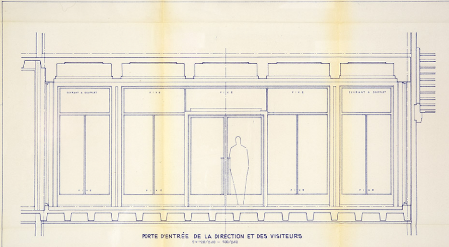 Cetehor Besançon. Construction du centre de l’industrie horlogère. 2016. Serrurie [sic] extérieure-intérieure [détail :] Porte d'entrée de la direction et des visiteurs, 12 mai 1958. © Sonia Dourlot / Région Bourgogne-Franche-Comté, Inventaire du patrimoine - 2019