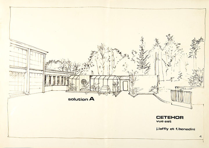 [Avant-projet pour le laboratoire de métrologie]. 1. Cetehor vue est. Solution A [perspective], par Laffly et Benedini, 18 novembre 1980. © Sonia Dourlot / Région Bourgogne-Franche-Comté, Inventaire du patrimoine - 2019