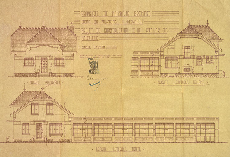 Projet de construction d'un atelier de mécanique [élévation des façades], 1935.  © Raphaël Favereaux / Région Bourgogne-Franche-Comté, Inventaire du patrimoine - 2019