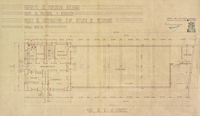 Projet de construction d'un atelier de mécanique [plan du rez-de-chaussée], 1935. © Raphaël Favereaux / Région Bourgogne-Franche-Comté, Inventaire du patrimoine - 2019