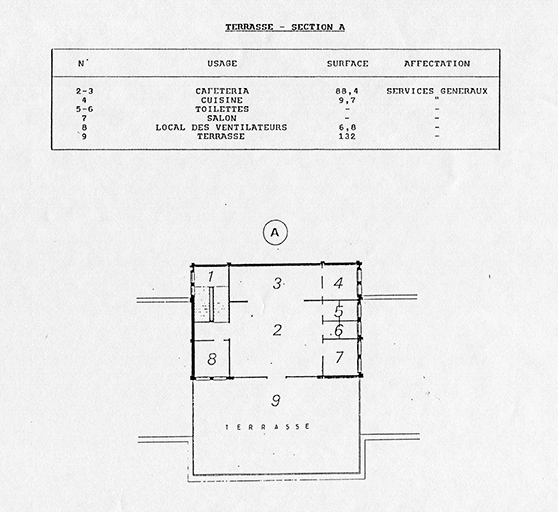 Terrasse [Plan des bâtiments avec affectation des salles : 1er étage], avril 1984. © Laurent Poupard / Région Bourgogne-Franche-Comté, Inventaire du patrimoine - 2019