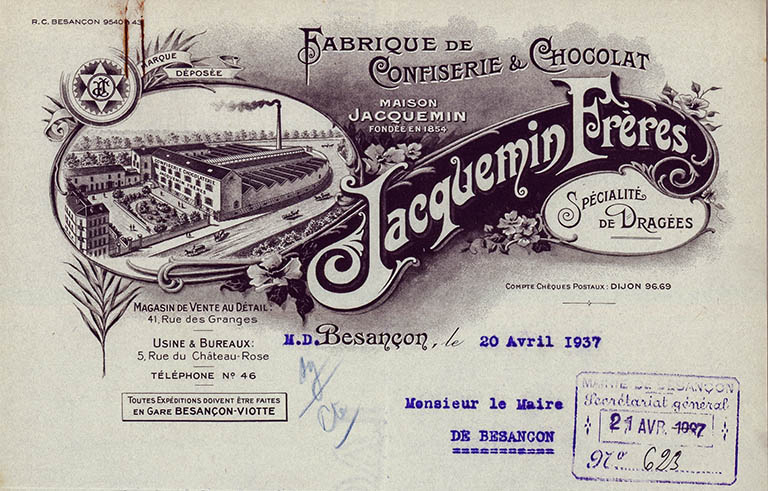 Fabrique de confiserie et chocolat Jacquemin Frères, papier à en-tête, 1937. © Raphaël Favereaux / Région Bourgogne-Franche-Comté, Inventaire du patrimoine - 2019 Fabrique de confiserie et chocolat Jacquemin Frères, papier à en-tête, 1937. © Raphaël Favereaux / Région Bourgogne-Franche-Comté, Inventaire du patrimoine - 2019