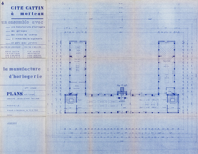 Cité Cattin à Morteau [...] 4. La manufacture d’horlogerie. Plans 2ème étage. Ebauche, décolletage, taillage, 10 juin 1960. © Sonia Dourlot / Région Bourgogne-Franche-Comté, Inventaire du patrimoine - 2019