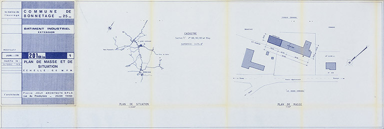 Commune de Bonnétage (25). Bâtiment industriel. Extension. 201 bis. 1. Plan de masse et de situation, octobre 1978. © Sonia Dourlot / Région Bourgogne-Franche-Comté, Inventaire du patrimoine - 2019