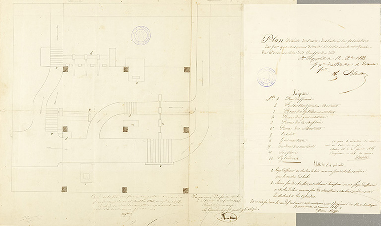 Plan détaillé de l’usine destinée à la fabrication du fer que nous avons demandé à établir sur la rive gauche du Doubs au lieu dit au Gouffre du Lod, 12 décembre 1843. © Sonia Dourlot / Région Bourgogne-Franche-Comté, Inventaire du patrimoine - 2019