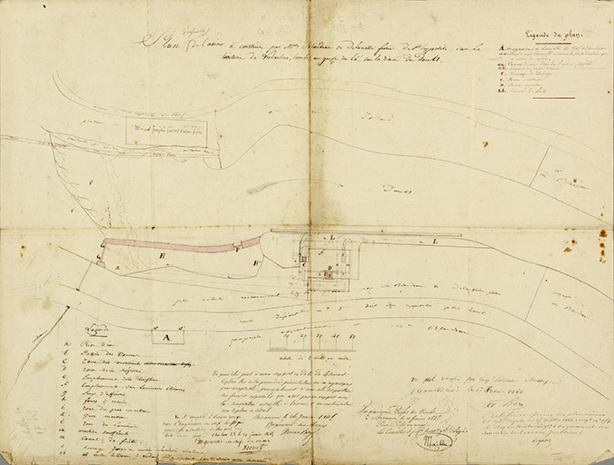 Plan d’ensemble de l’usine à construire par Mrs Blondeau et Delavelle frères de St Hypolite [...], [1843 modifié en 1845]. © Sonia Dourlot / Région Bourgogne-Franche-Comté, Inventaire du patrimoine - 2019