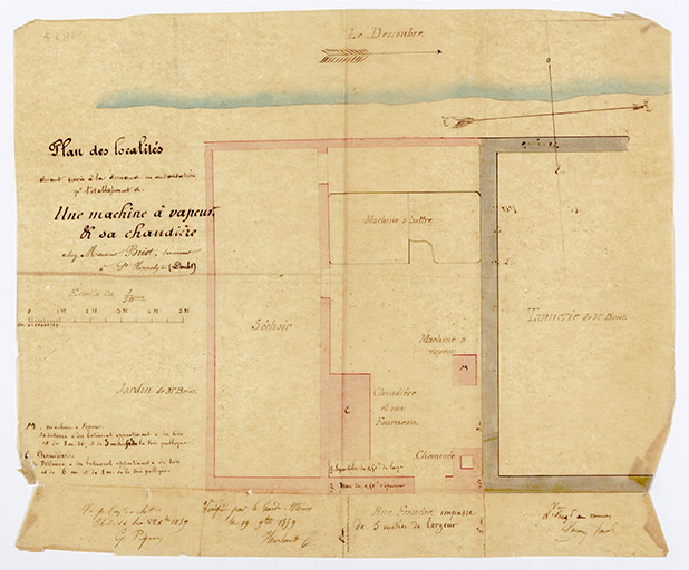 Plan des localités devant servir à la demande en autorisation p[ou]r l’établissement de : une machine à vapeur et sa chaudière chez Monsieur Briot, tanneur à St Hippolyte (Doubs), [1859]. © Sonia Dourlot / Région Bourgogne-Franche-Comté, Inventaire du patrimoine - 2019