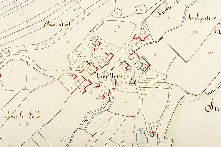 Cadastre de la commune de Liebvillers. Atlas parcellaire, 1830. Section A du village en une feuille [détail], 1/2 500. © Sonia Dourlot / Région Bourgogne-Franche-Comté, Inventaire du patrimoine - 2019