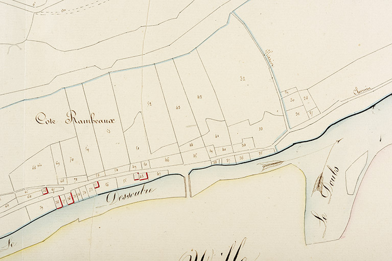 Cadastre de la commune de Saint-Hippolyte, 1830. Section G du Recet, 1re feuille [détail : rive gauche du Dessoubre], échelle 1/2 500. © Sonia Dourlot / Région Bourgogne-Franche-Comté, Inventaire du patrimoine - 2019