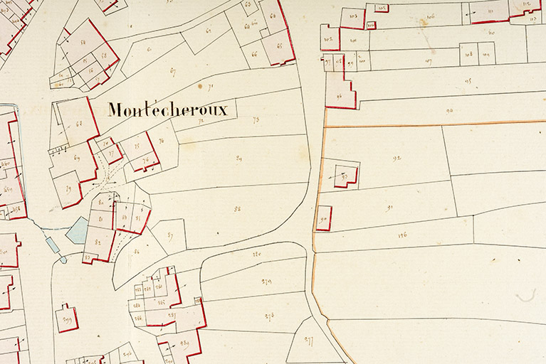 Cadastre de la commune de Montécheroux. Atlas parcellaire, 1830, section D en une feuille [détail : quartier de la rue de la Pommeraie], 1/1 250. © Sonia Dourlot / Région Bourgogne-Franche-Comté, Inventaire du patrimoine - 2019