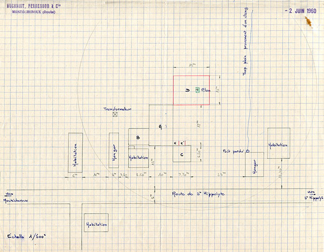 [Croquis de plan-masse et de situation du bâtiment du marteau-pilon, joignant l’usine existante], 2 juin 1960. Légende : A Atelier d'usinage existant ; B Traitement thermique existant ; C Forge à main existant ; D Atelier d'usinage en projet 15 m x … © Laurent Poupard / Région Bourgogne-Franche-Comté, Inventaire du patrimoine - 2019