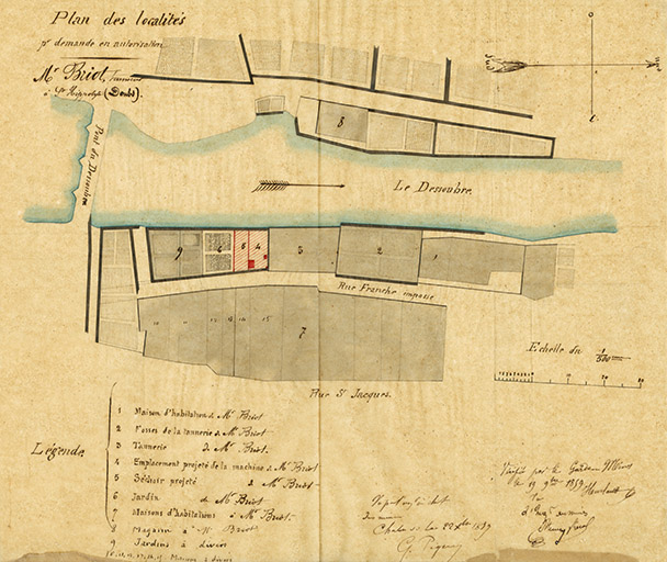 Plan des localités p[ou]r demande en autorisation [de machine à vapeur]. Mr Briot, tanneur à St Hippolyte (Doubs), [1859]. © Sonia Dourlot / Région Bourgogne-Franche-Comté, Inventaire du patrimoine - 2019